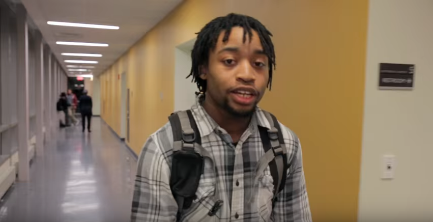 African American male student in the hallway of Holyoke Community College